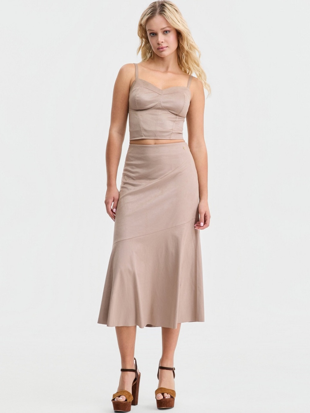 Guess Taupe Faux Suede Midi Skirt